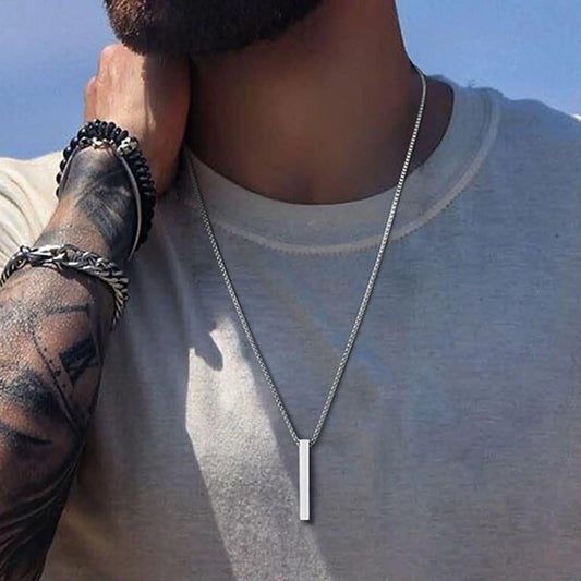 3D Bar Necklace , Personalized Bar Necklace , Custom Men Necklace , Silver - Redfever