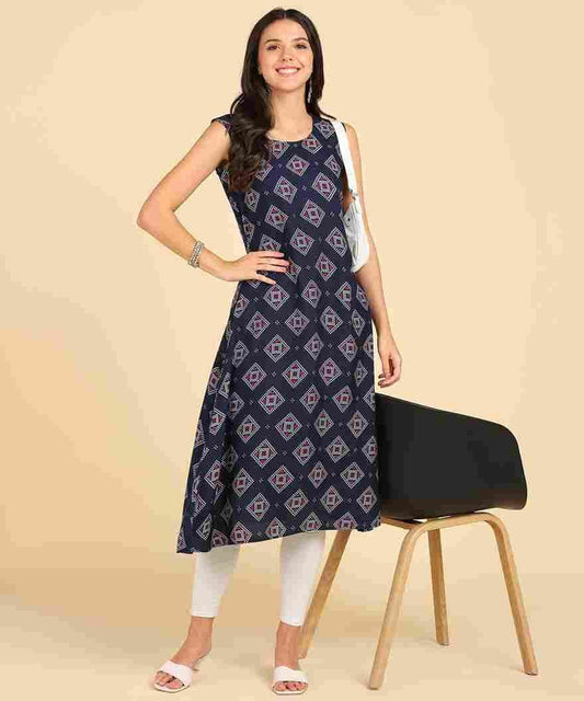 Women's Casual Wear Sleeveless Round Long Kurtis - Redfever