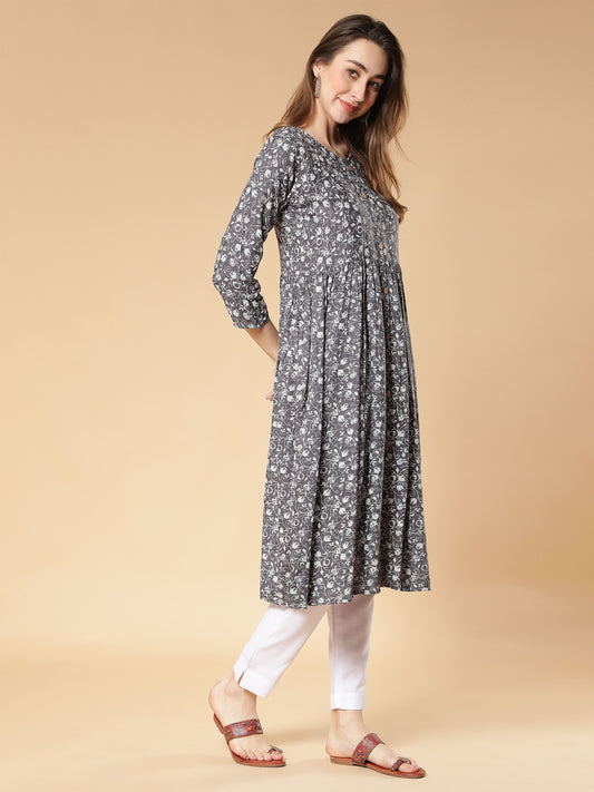 Fabclub Rayon Flared & Front Slit Printed Women Kurti (Grey) - Redfever