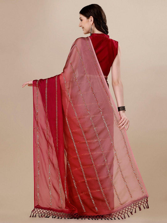 Fancy Sequined Embroidered Pink Coloured Silk Saree with Blouse Piece - Redfever
