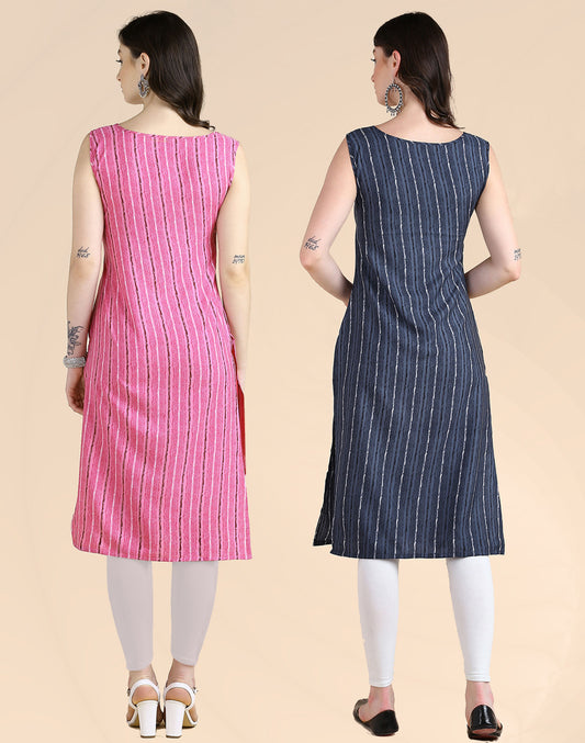 Women's Sleeveless Boat Neck Solid Casual Fancy Long Kurtis (combo Pack Of 2) - Redfever