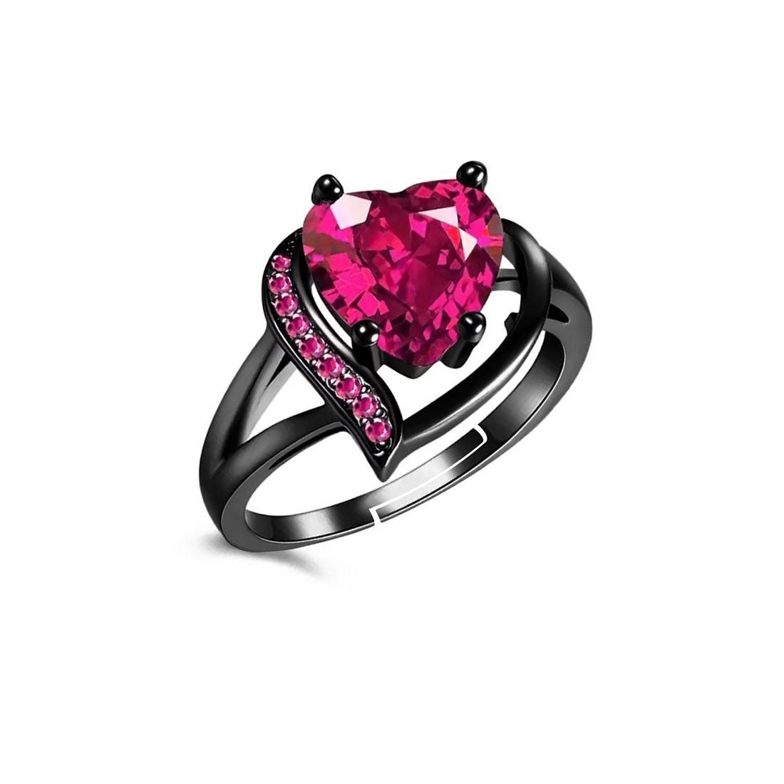 �Valentine Love Blood Pink Heart Shape Diamond Ring for Girl And Women Stainless Steel Cubic Zirconia Black Silver Plated Ring - Redfever