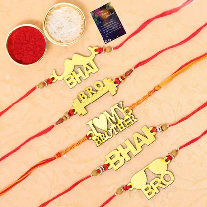 Rakhi Combo 5 For BHAIYA/BHAI/BROTHER/BRO With Kumkum,chawal With Greeting Card - Redfever