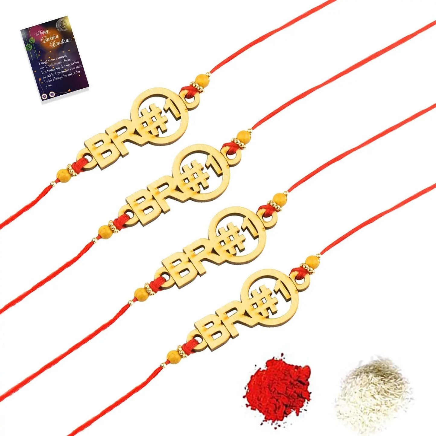 Stylish Bhaiya Rakhi " BRO" Designer Pendent For Bhaiya/Brother/Bhai With Roli Chawal with And 1 Greeting Card Pack of 4 - Redfever