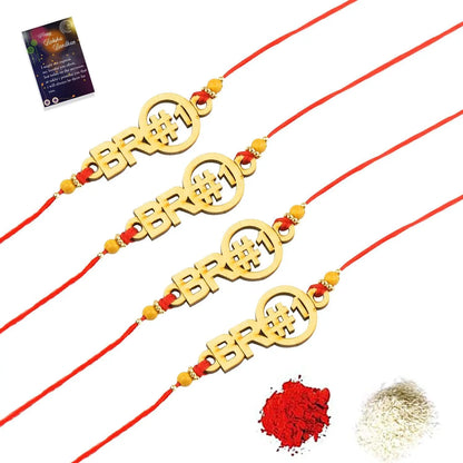 Stylish Bhaiya Rakhi " BRO" Designer Pendent For Bhaiya/Brother/Bhai With Roli Chawal with And 1 Greeting Card Pack of 4 - Redfever