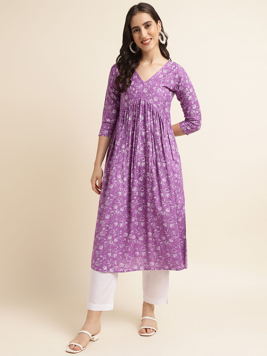 Fabclub Rayon Anarkali Printed Women Kurti (Purple) - Redfever