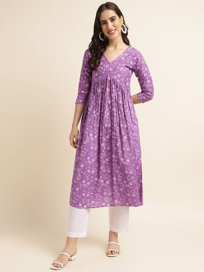 Fabclub Rayon Anarkali Printed Women Kurti (Purple) - Redfever