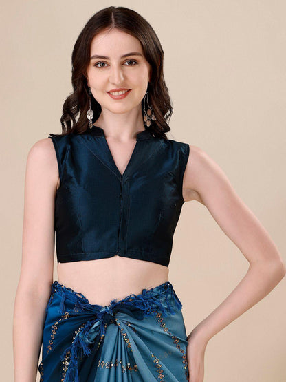 Fancy Sequined Embroidered Teal Blue Coloured Silk Saree with Blouse Piece - Redfever