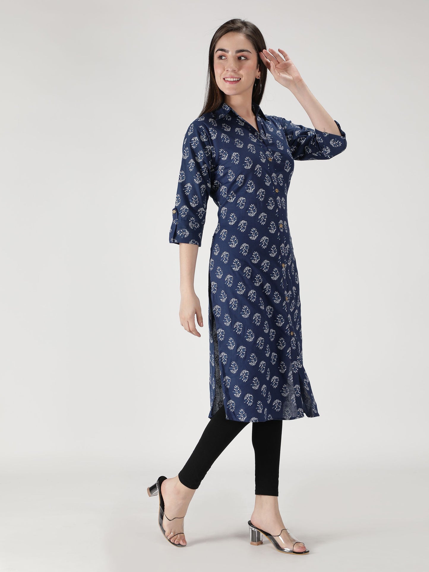 Fabclub Cotton Floral Printed Straight Women Kurti (Navy Blue) - Redfever
