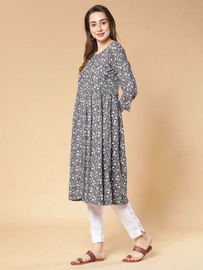 Fabclub Rayon Flared & Front Slit Printed Women Kurti (Grey) - Redfever