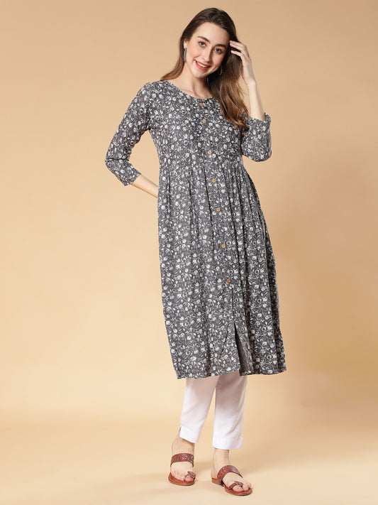 Fabclub Rayon Flared & Front Slit Printed Women Kurti (Grey) - Redfever