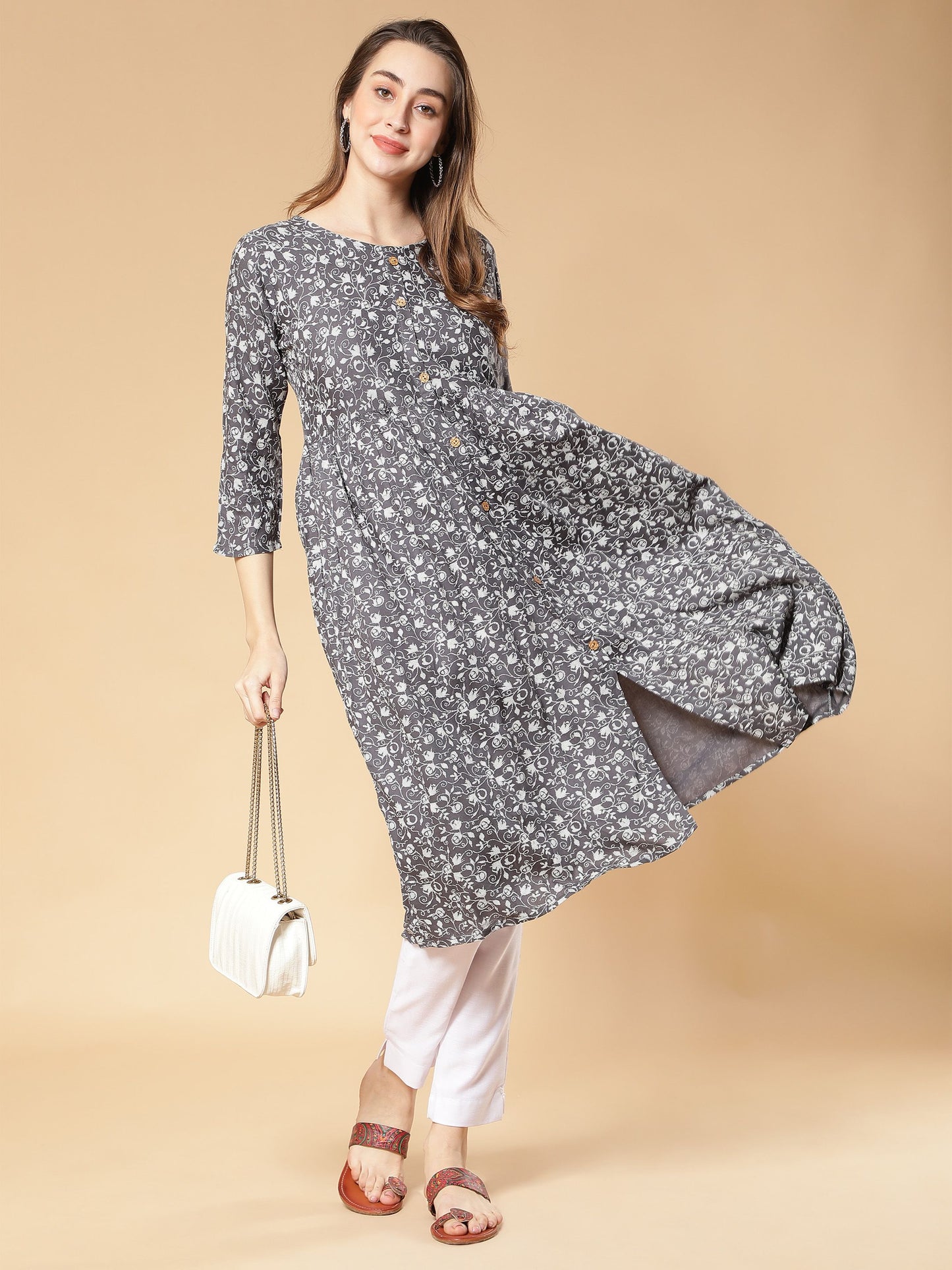 Fabclub Rayon Flared & Front Slit Printed Women Kurti (Grey) - Redfever