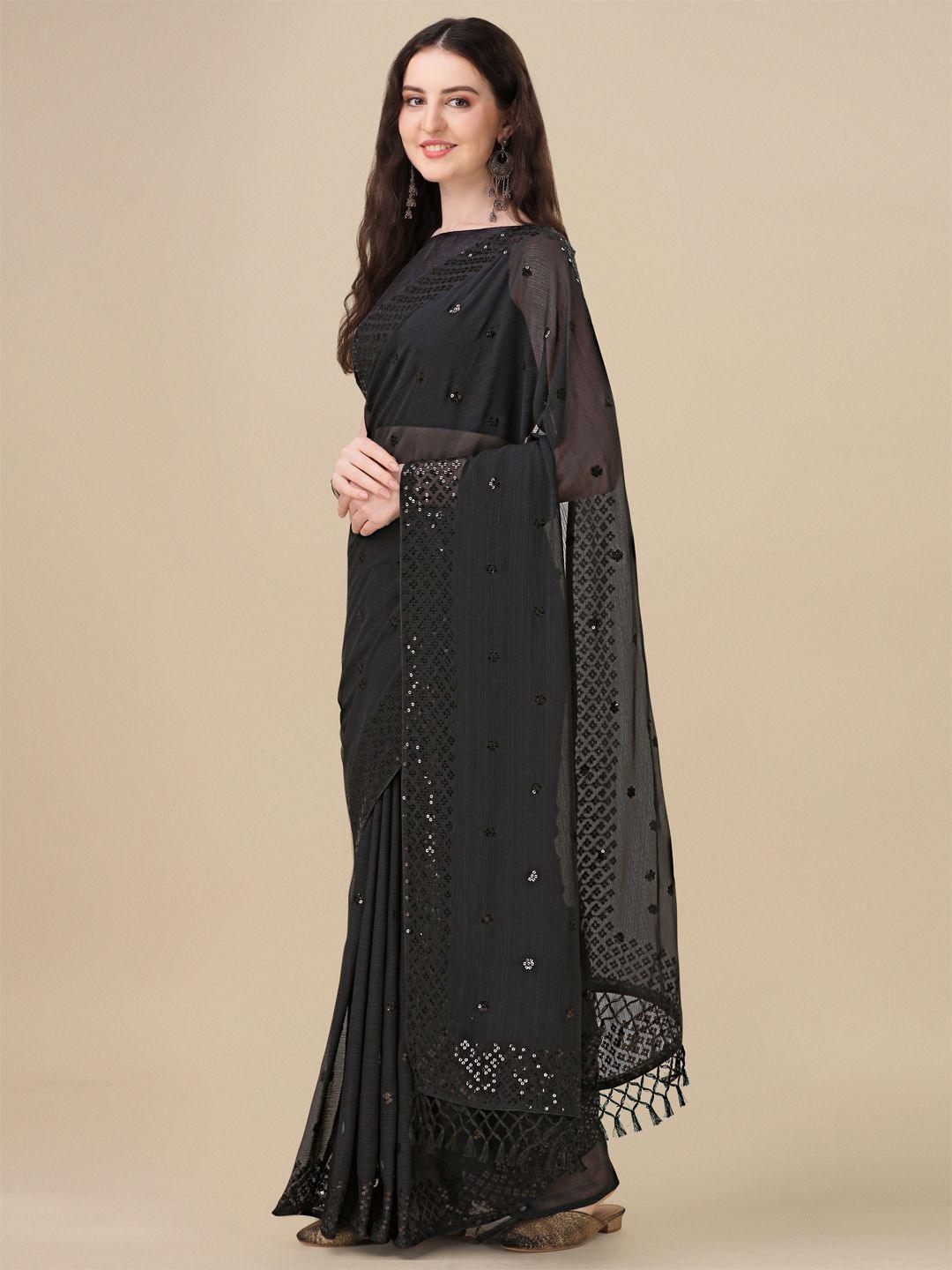 Fancy Sequined Embroidered Black Coloured Georgette Saree with Blouse Piece - Redfever