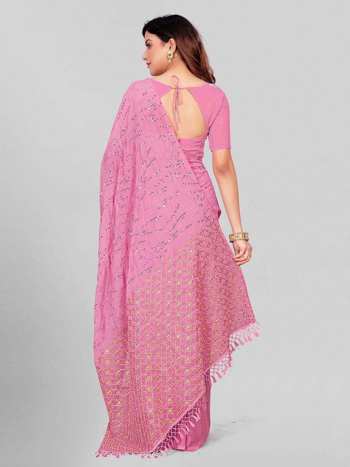 Fancy Sequined Embroidered Peach Pink Coloured Georgette Saree with Blouse Piece - Redfever
