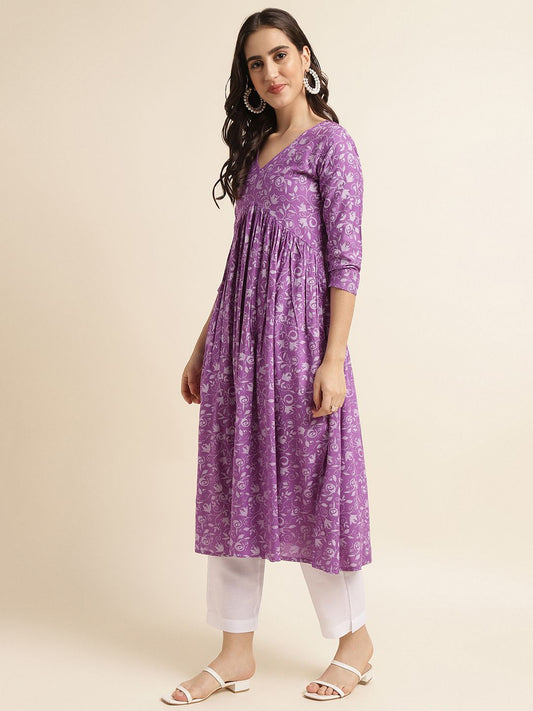 Fabclub Rayon Anarkali Printed Women Kurti (Purple) - Redfever