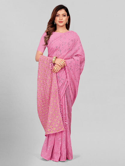 Fancy Sequined Embroidered Peach Pink Coloured Georgette Saree with Blouse Piece - Redfever