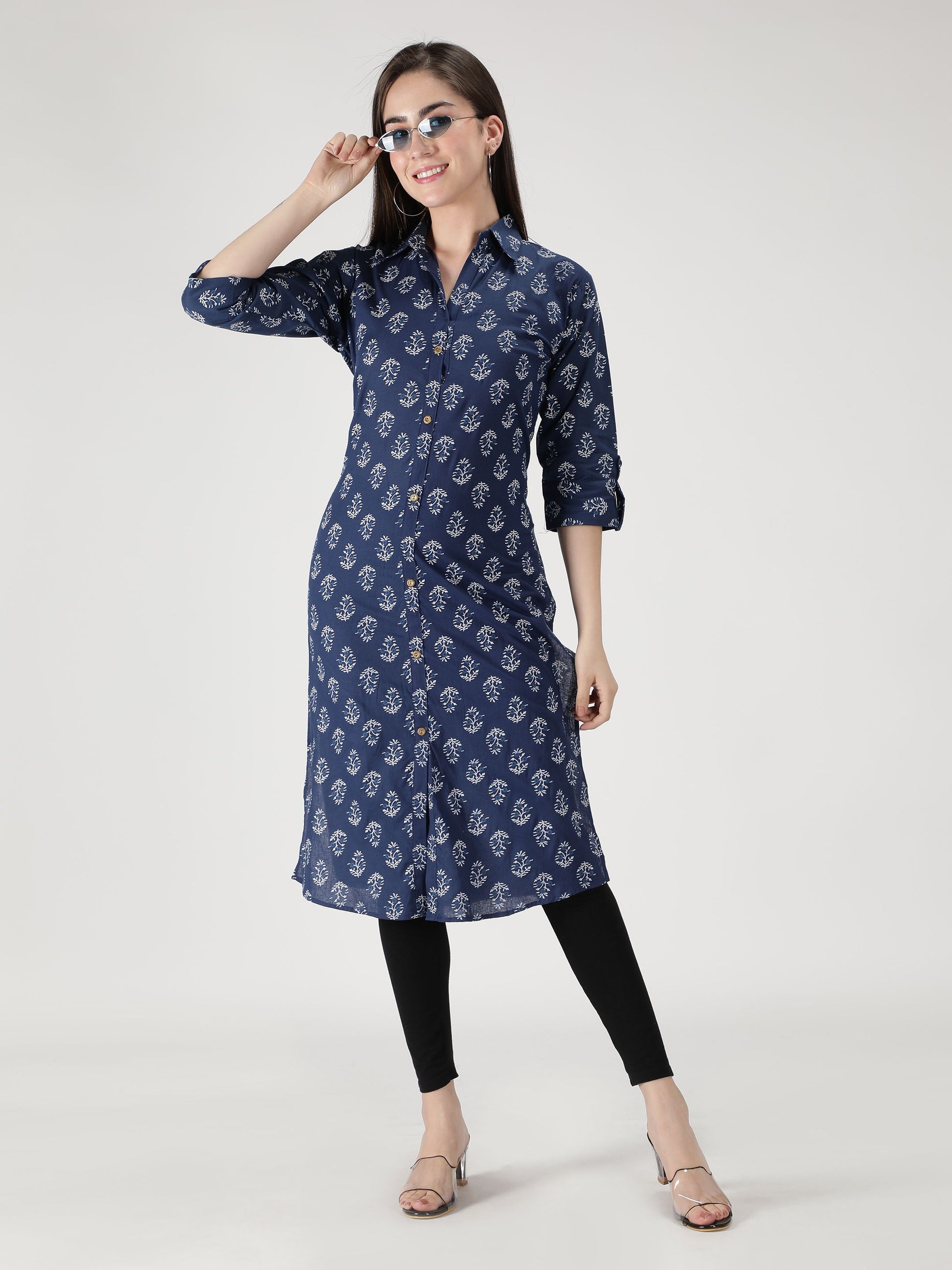 Fabclub Cotton Floral Printed Straight Women Kurti (Navy Blue) - Redfever