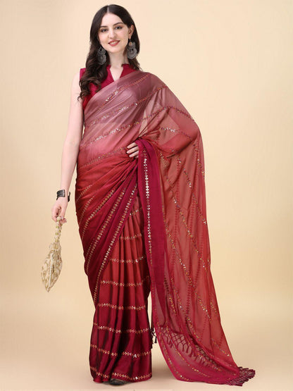 Fancy Sequined Embroidered Pink Coloured Silk Saree with Blouse Piece - Redfever