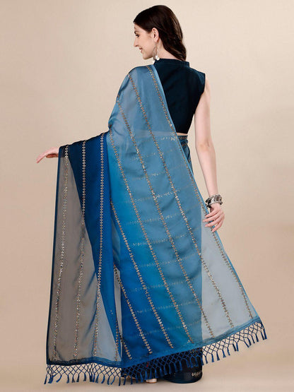 Fancy Sequined Embroidered Teal Blue Coloured Silk Saree with Blouse Piece - Redfever