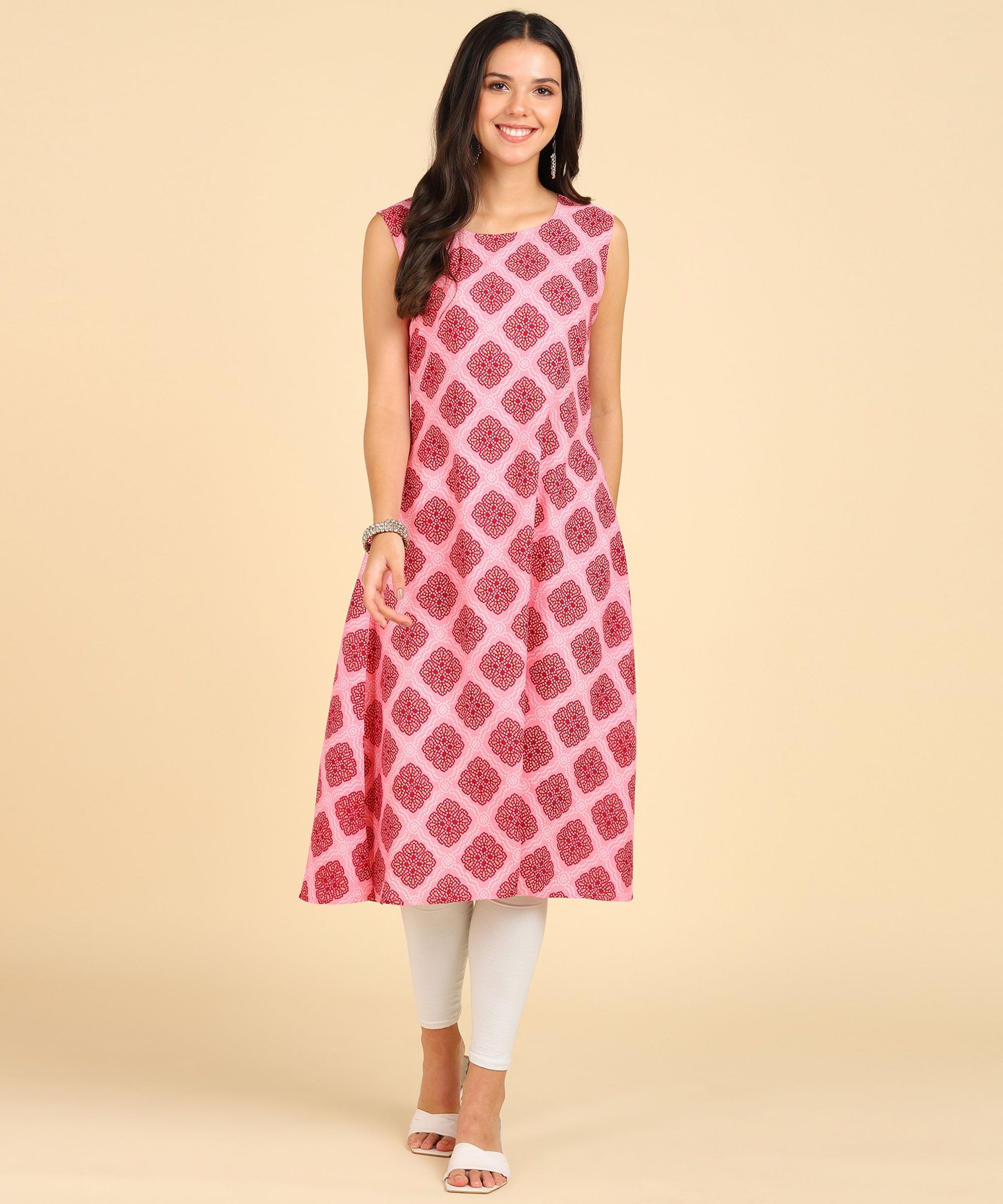 Women's Casual Wear Sleeveless Round Long Kurtis - Redfever