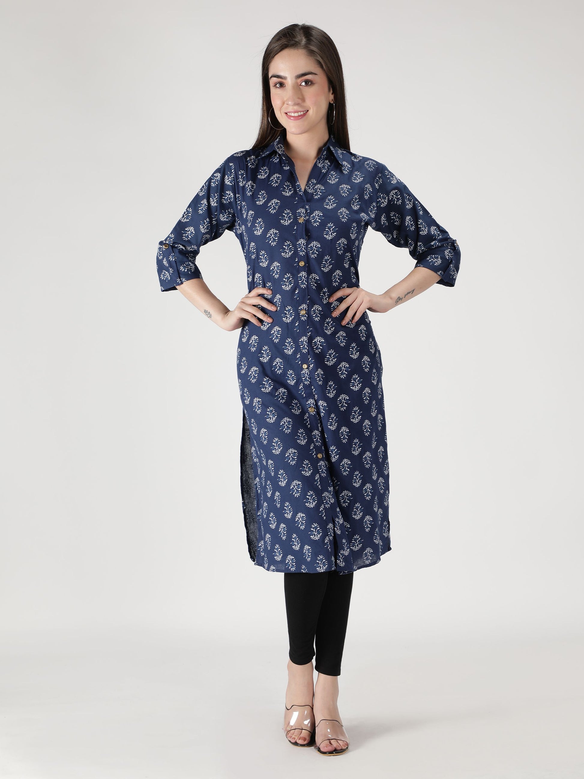 Fabclub Cotton Floral Printed Straight Women Kurti (Navy Blue) - Redfever