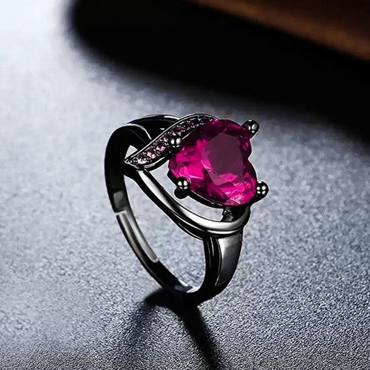 �Valentine Love Blood Pink Heart Shape Diamond Ring for Girl And Women Stainless Steel Cubic Zirconia Black Silver Plated Ring - Redfever