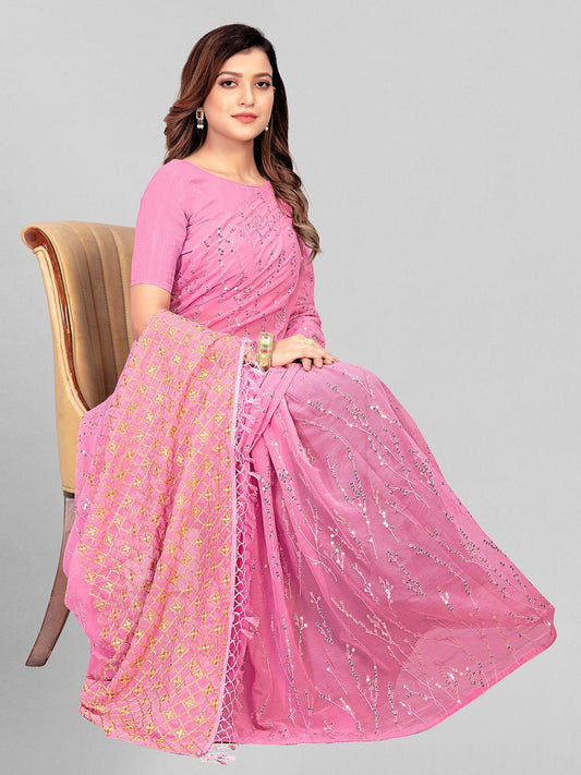 Fancy Sequined Embroidered Peach Pink Coloured Georgette Saree with Blouse Piece - Redfever