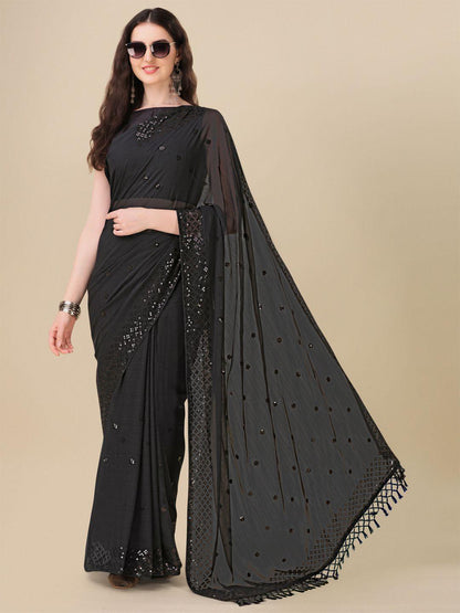 Fancy Sequined Embroidered Black Coloured Georgette Saree with Blouse Piece - Redfever