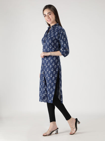 Fabclub Cotton Floral Printed Straight Women Kurti (Navy Blue) - Redfever