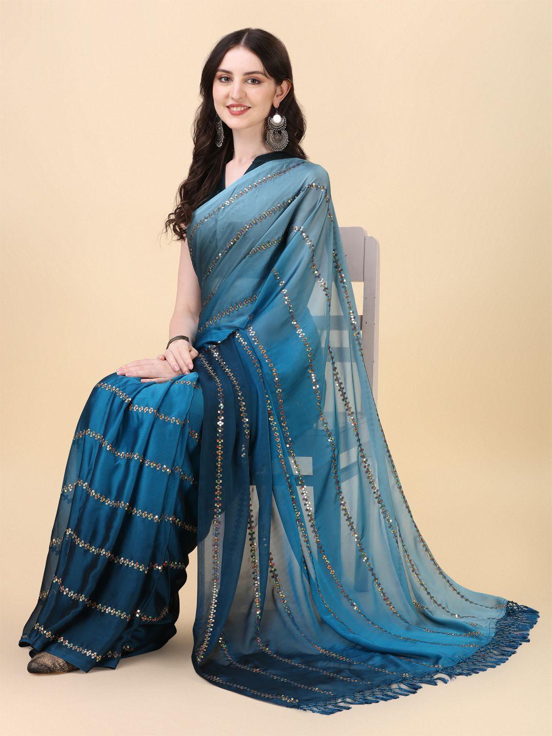 Fancy Sequined Embroidered Teal Blue Coloured Silk Saree with Blouse Piece - Redfever