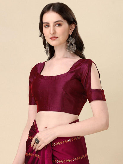 Fancy Sequined Embroidered Purple Coloured Silk Saree with Blouse Piece - Redfever