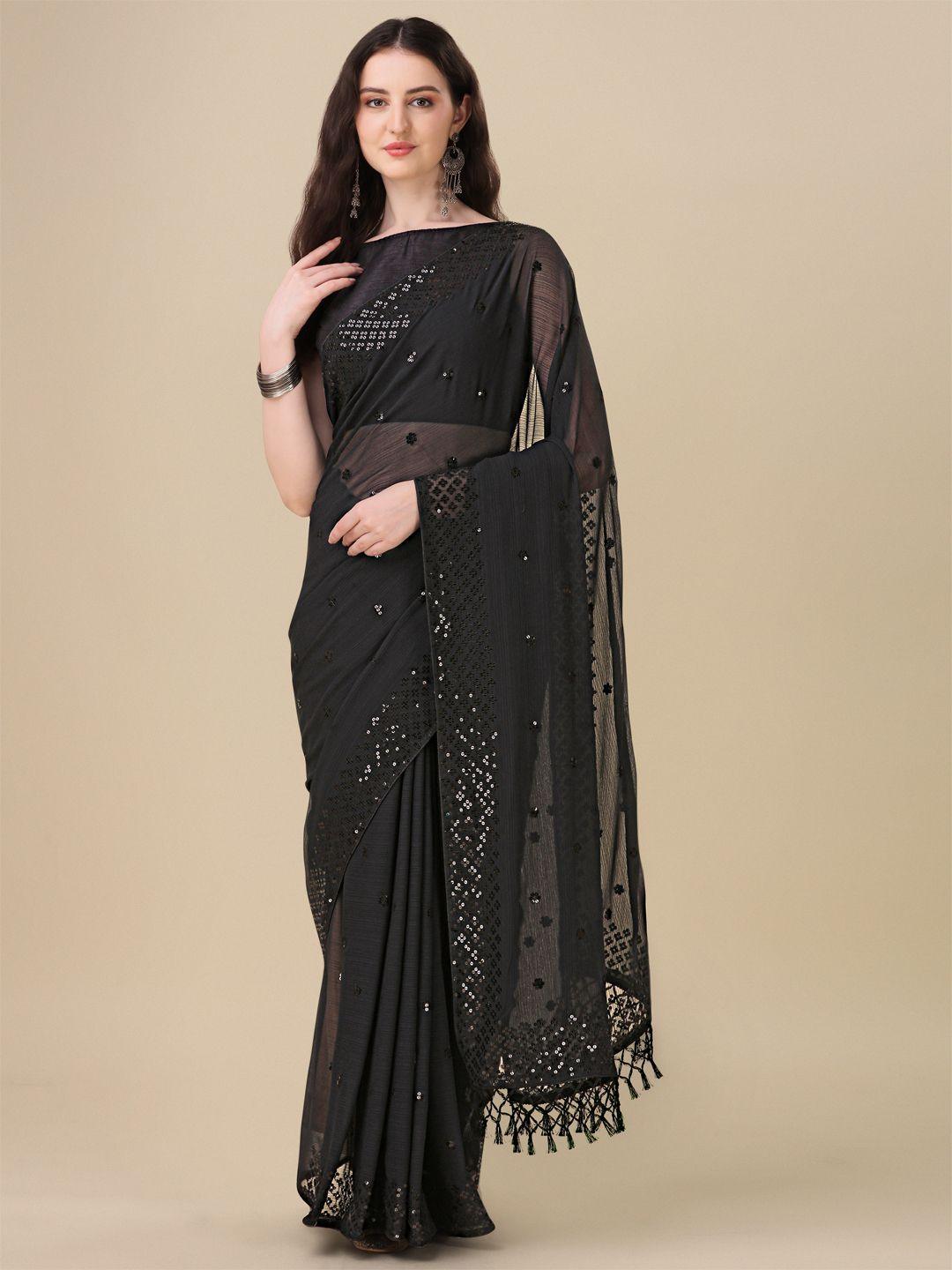 Fancy Sequined Embroidered Black Coloured Georgette Saree with Blouse Piece - Redfever