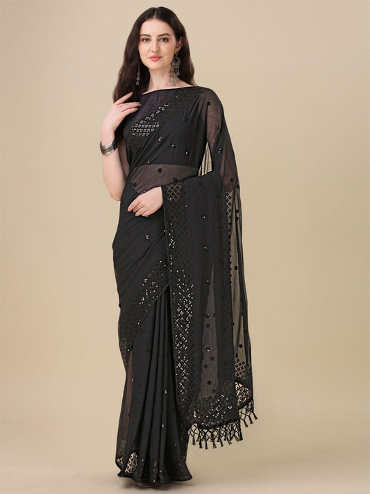 Fancy Sequined Embroidered Black Coloured Georgette Saree with Blouse Piece - Redfever