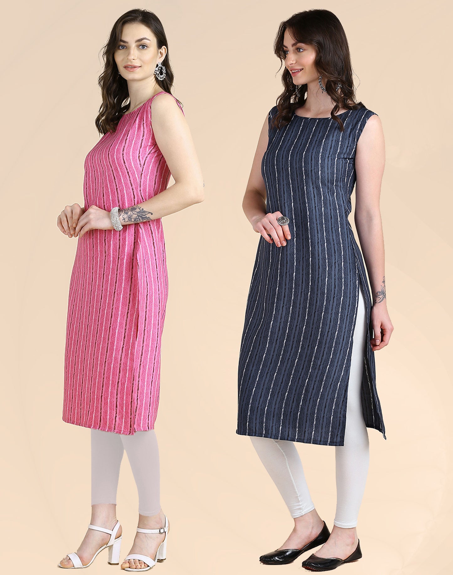 Women's Sleeveless Boat Neck Solid Casual Fancy Long Kurtis (combo Pack Of 2) - Redfever