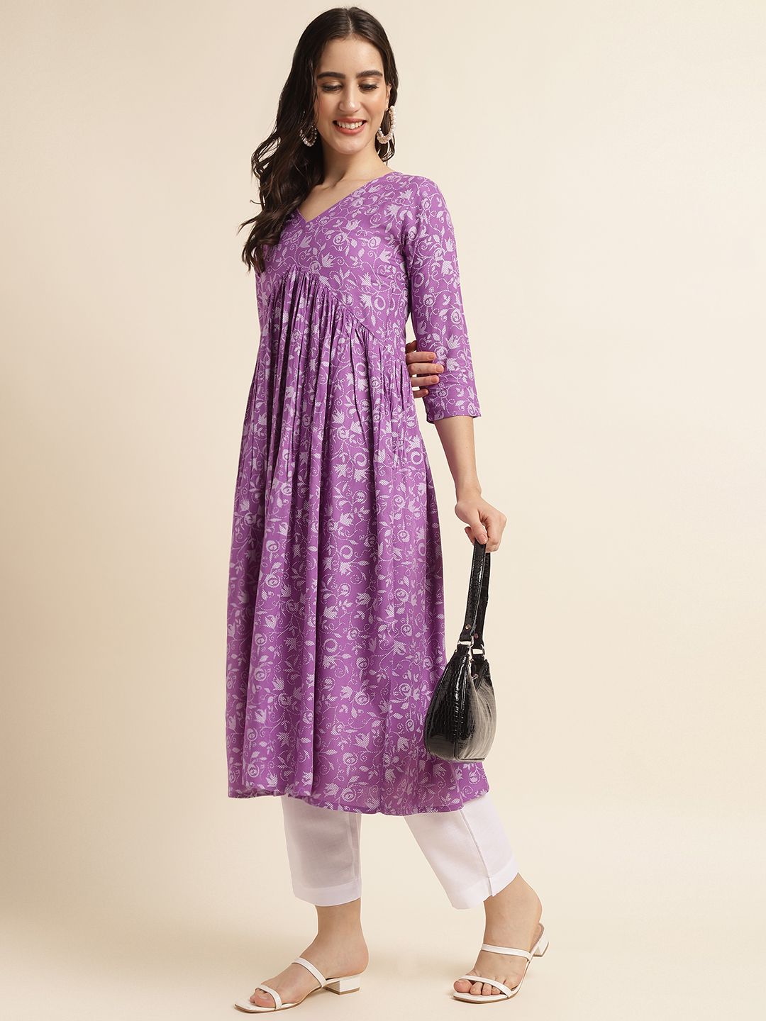 Fabclub Rayon Anarkali Printed Women Kurti (Purple) - Redfever