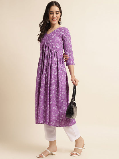 Fabclub Rayon Anarkali Printed Women Kurti (Purple) - Redfever