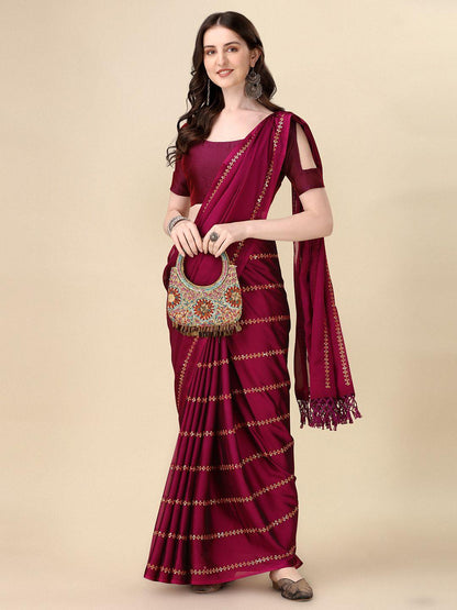 Fancy Sequined Embroidered Purple Coloured Silk Saree with Blouse Piece - Redfever