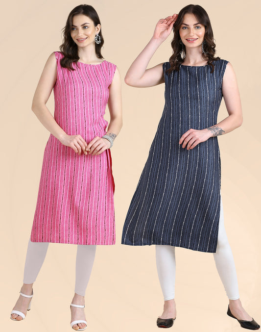 Women's Sleeveless Boat Neck Solid Casual Fancy Long Kurtis (combo Pack Of 2) - Redfever